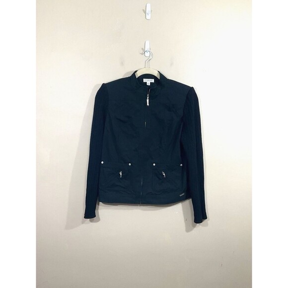 St John Sport Womens Mixed Fabric Knit Back Full Zip Jacket L Black Preppy - Picture 1 of 10